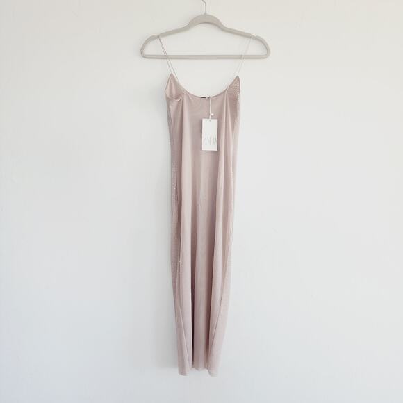 Zara Blush Pink Tulle Midi Dress with Rhinestones Spaghetti Straps Size Small - Picture 6 of 11